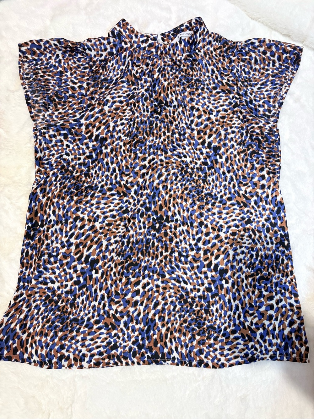Nine West Blue and Brown Leopard-Print Cap-Sleeve Blouse